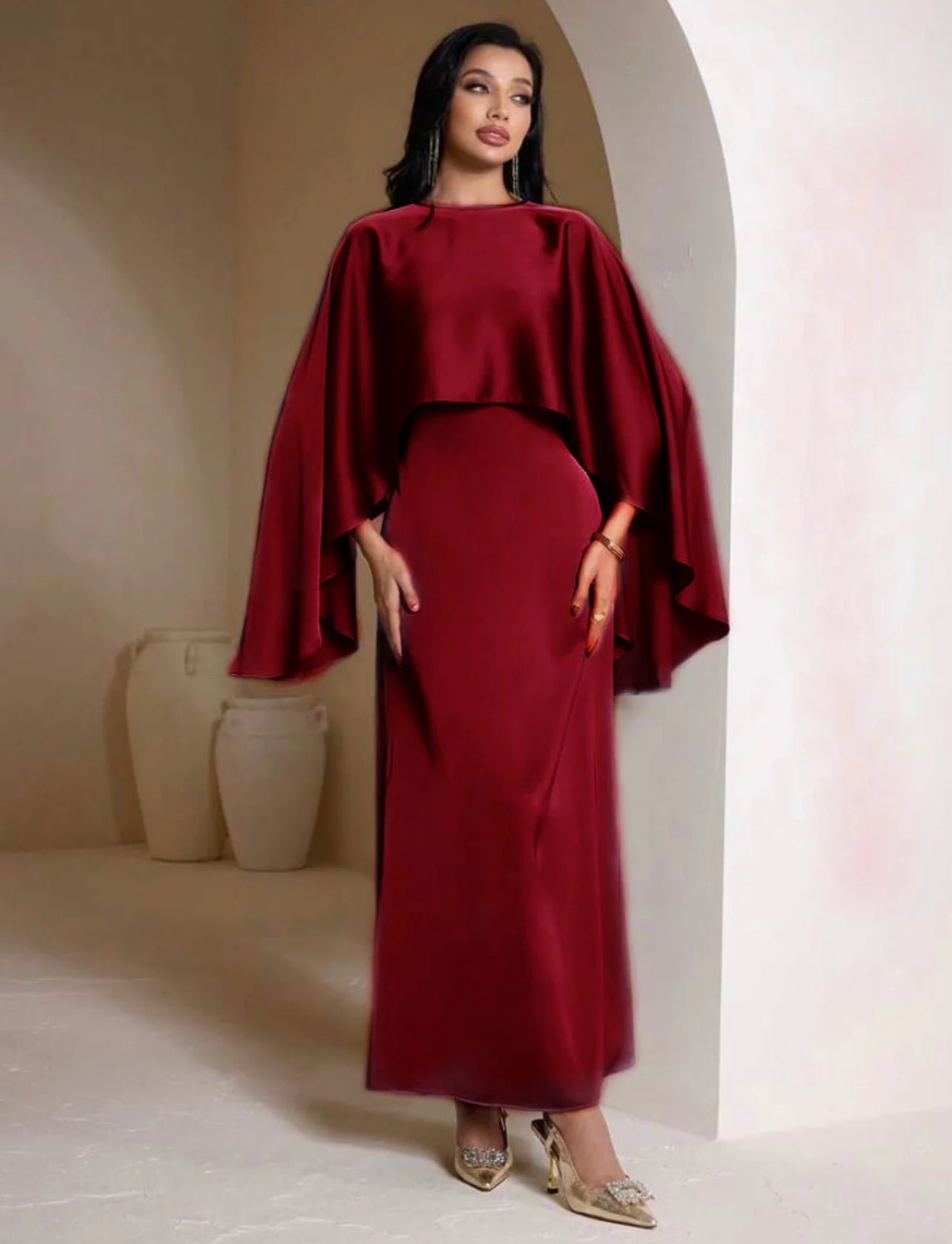 silk cape dress Strapless Pleated Silk Dress With Slit And Detachable Cape Gold / 40 / Foil Fabric