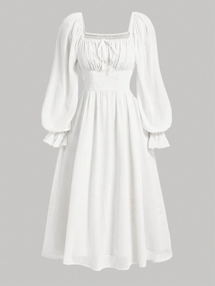 Square Neck Flare Sleeve Ruched Bust Dress