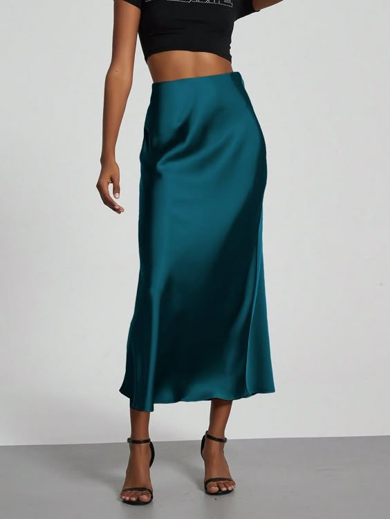 Midnight teal satin skirt