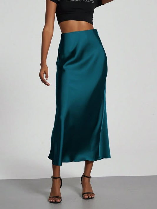 Midnight teal satin skirt